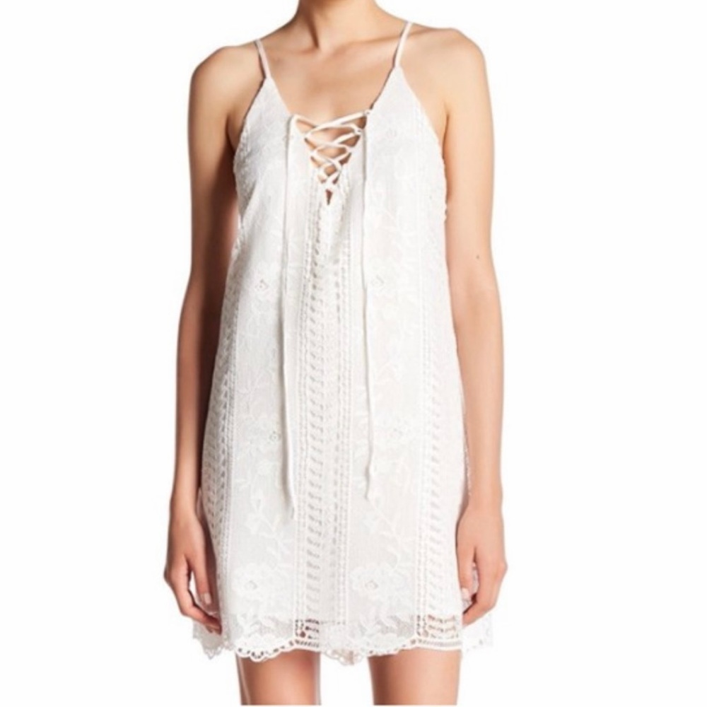 ASTR the Label White Crochet‎ Overlay Boho Lace Up Dress Women's Large